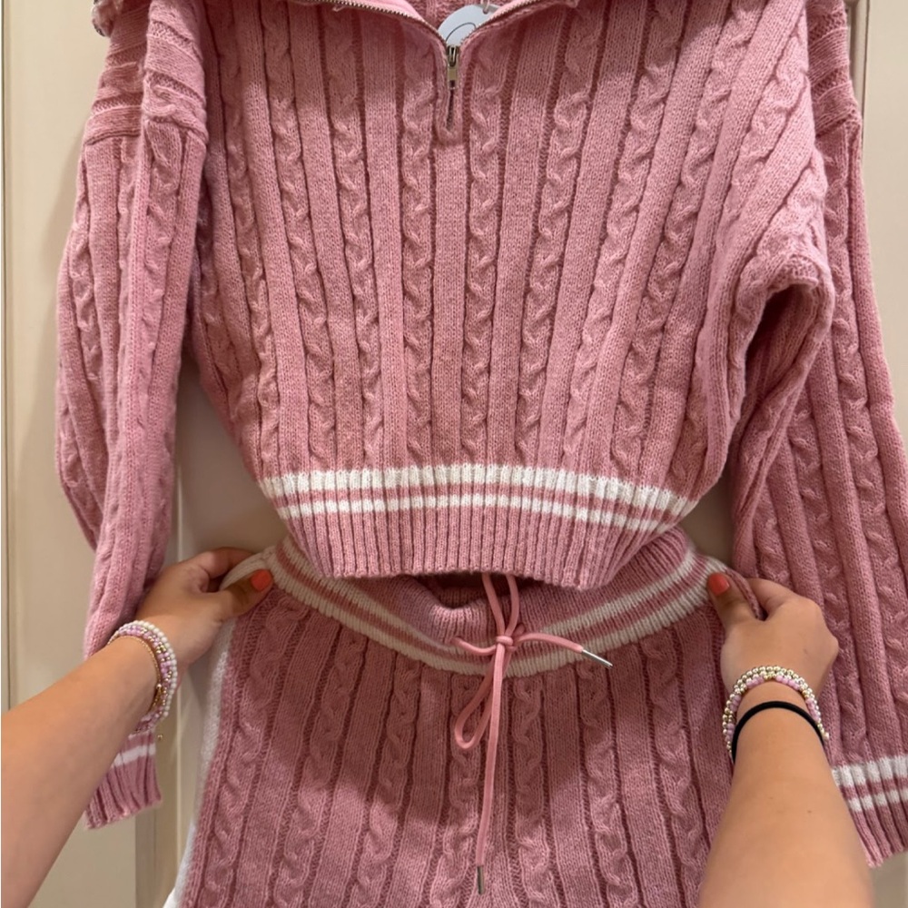 Pink Turtleneck Cable Knit Sweater and Short Set